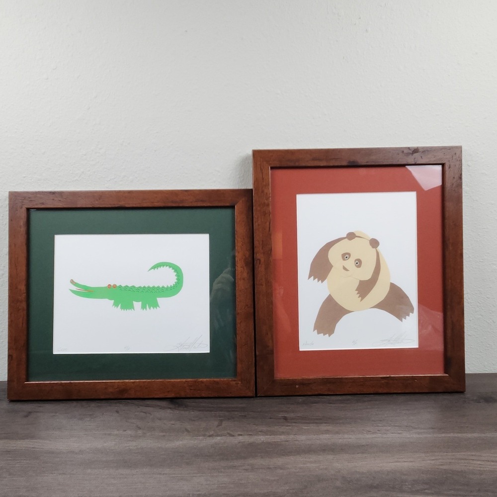 Nursery Decor Zoo Animals Panda Crocodile Paper Collage Art Signed A/P Framed
